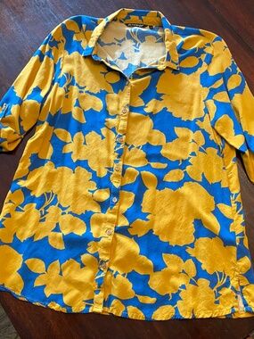 melange Women's Floral Yellow and Blue Button Up Blouse, Size L